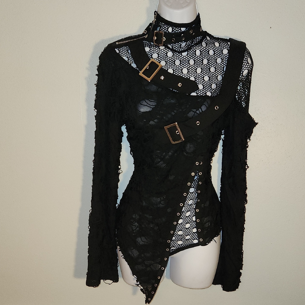 Edgy BlackBondage style Buckle Mesh Top
